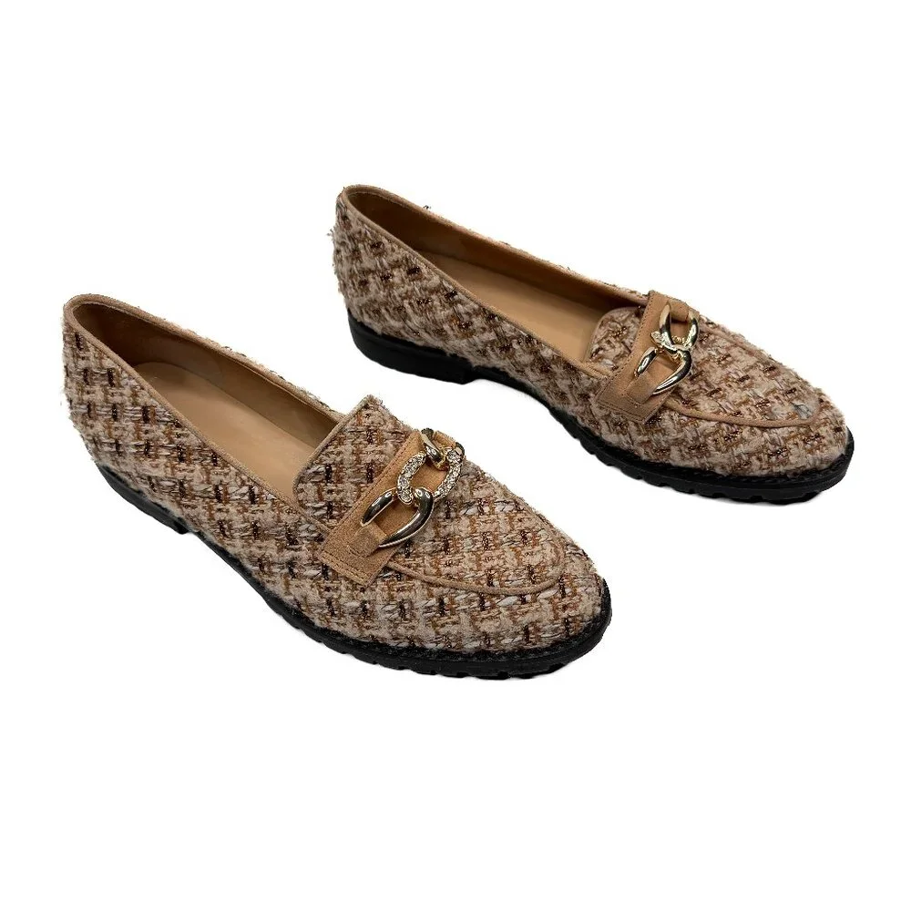Talbots Leighton Chain Metallic Boucle Tweed Loafers Café Ivory Sz 8 1/2M - NWOT